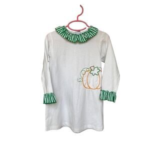 Bailey Boys Pumpkin Embroidered Dress With Green Striped Ruffle Trim Size 5